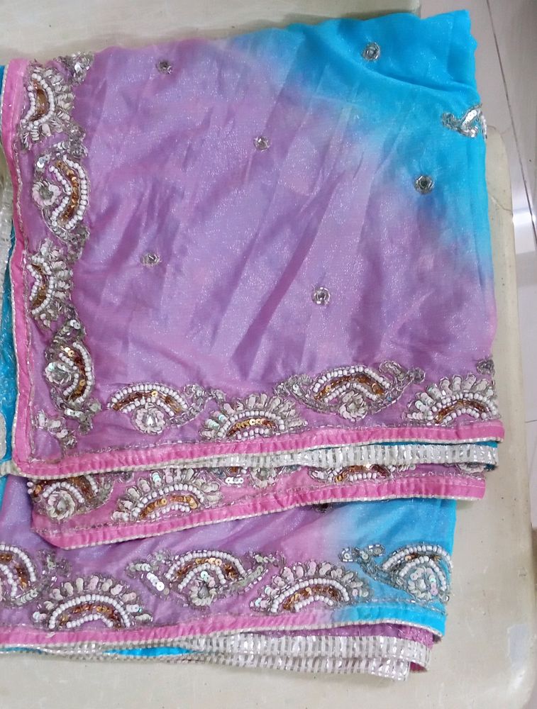 Rich Maggam Stone Work Chunni In Pink &amp; Sky Blue