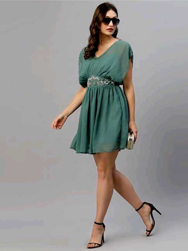 Embellished Chic Green Mini Dress