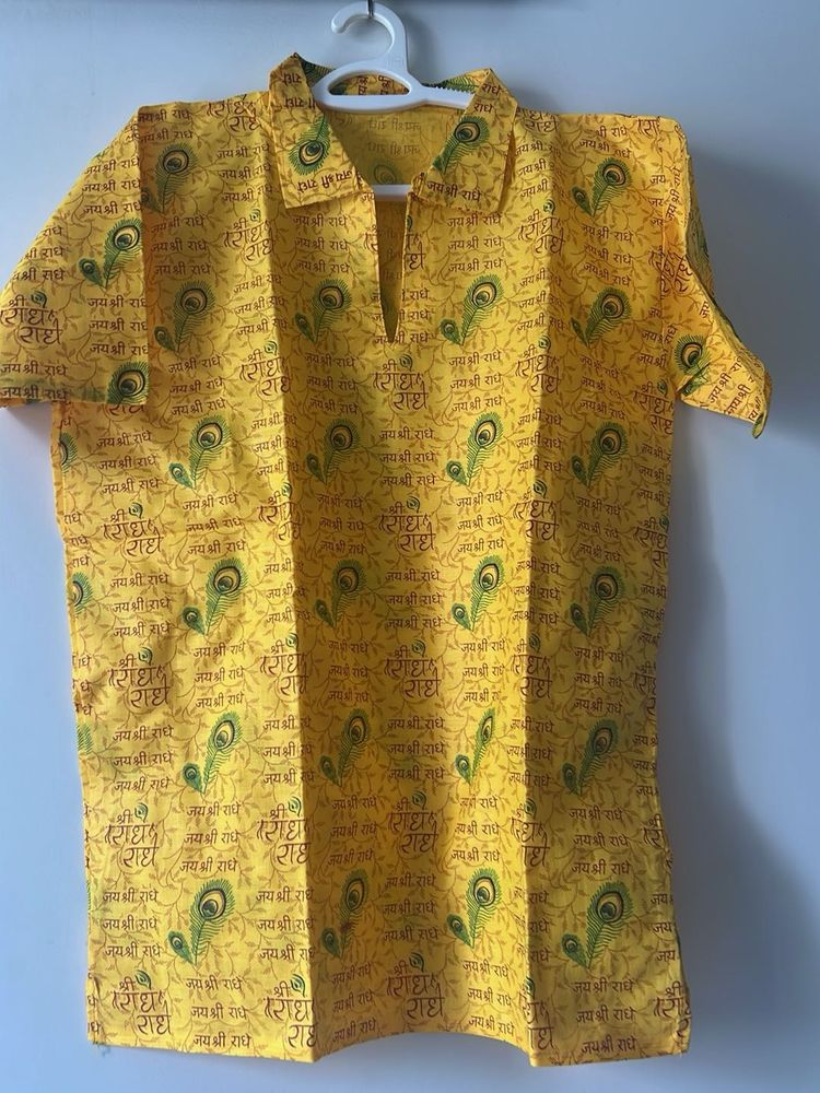 Yellow Kurta with Peacock Feather Print xxl