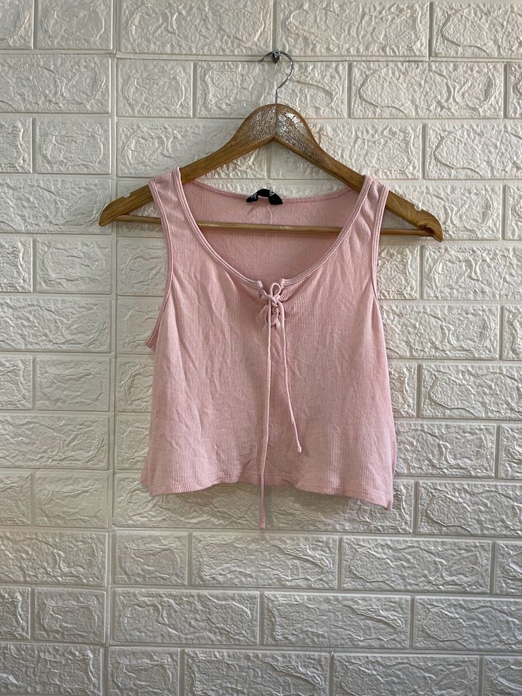 Cute Pink Ribbed Tie-Front Crop Top