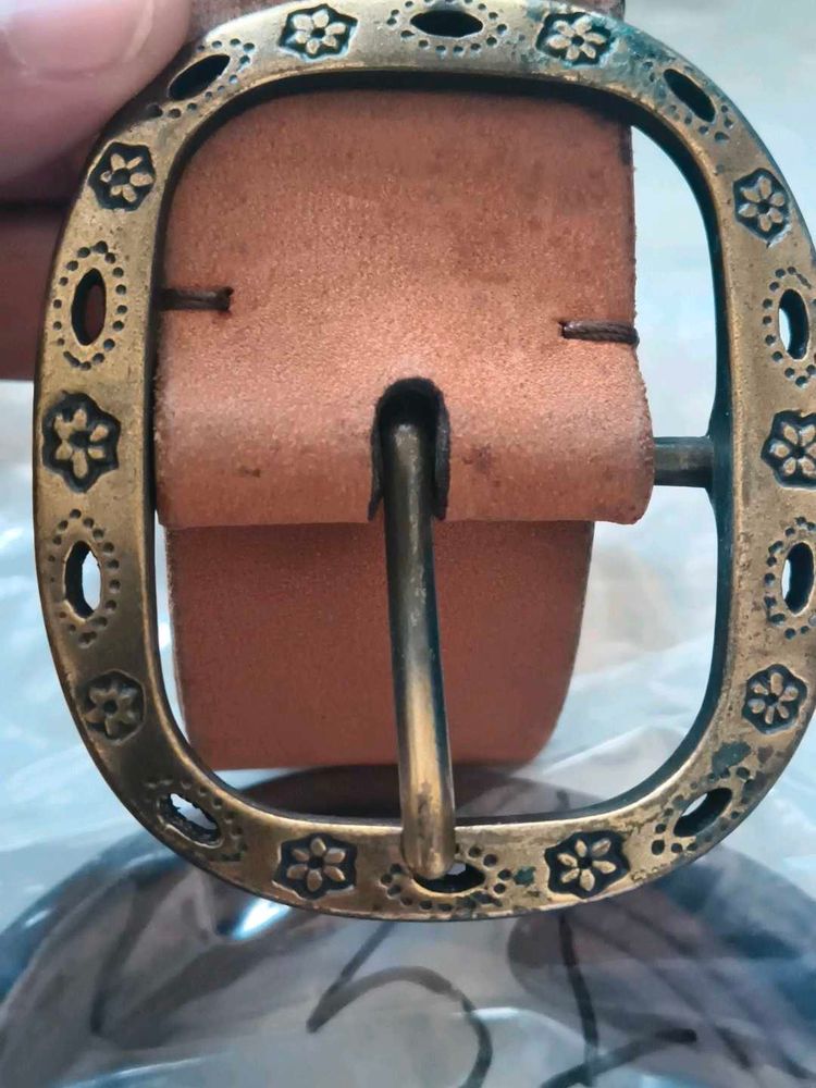 Vintage Brown Leather Belt with Ornate Buckle
