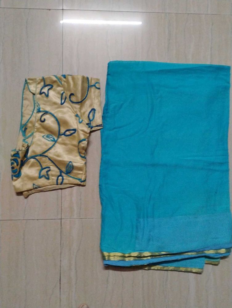 Beautiful Teal Saree with Embroidered Blouse