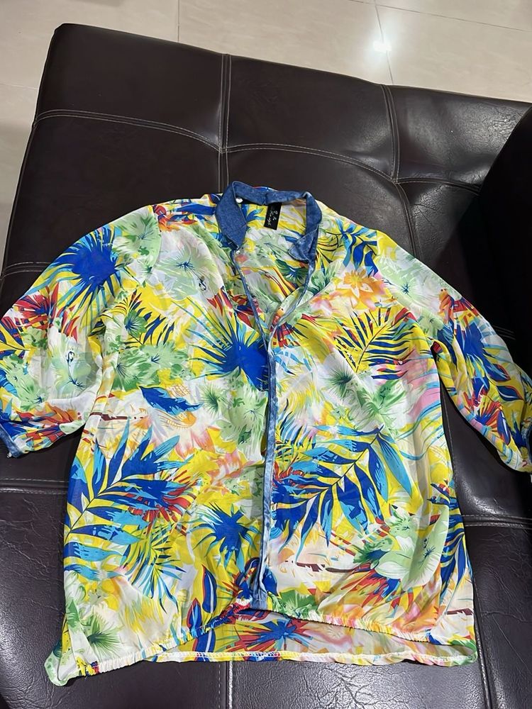 Vibrant Tropical Print Button-Down Shirt