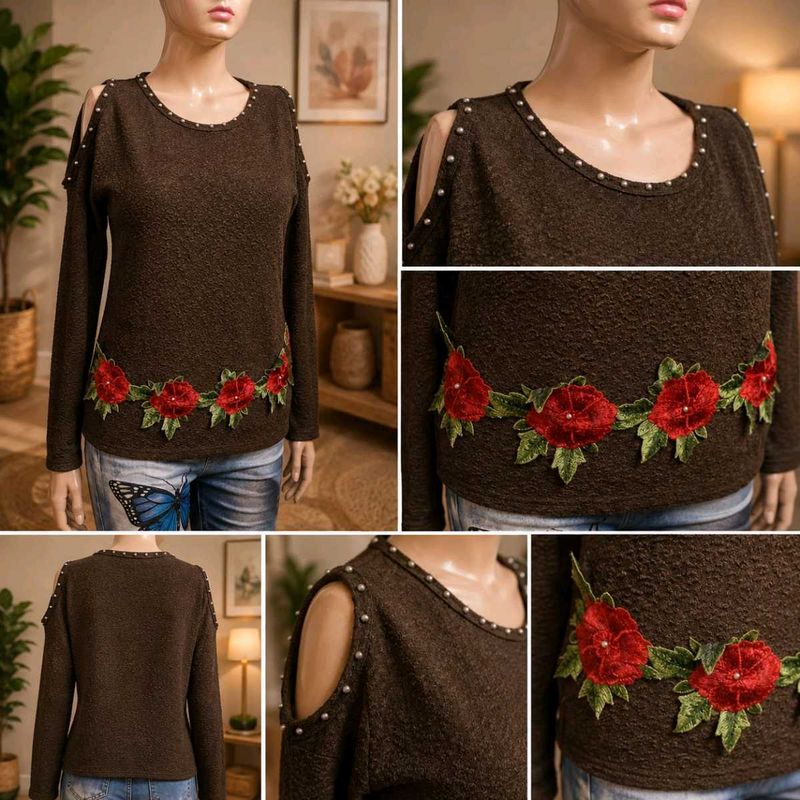Brown Cold Shoulder Top with Rose Embellishment