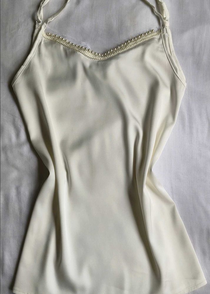 Cream Satin Camisole Top with Pearl Detail