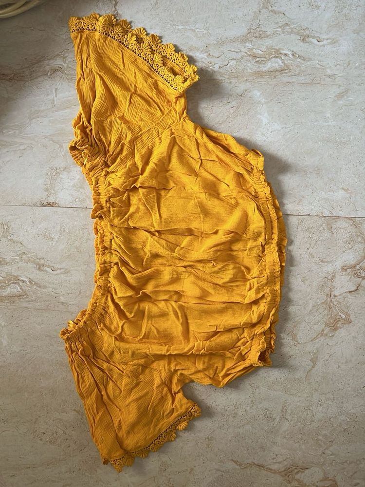 Mustard Lace Trim Crop Top