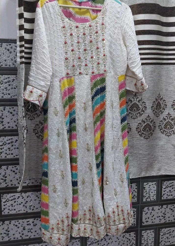 Embroidered White Kurta with Colorful Stripes🦢