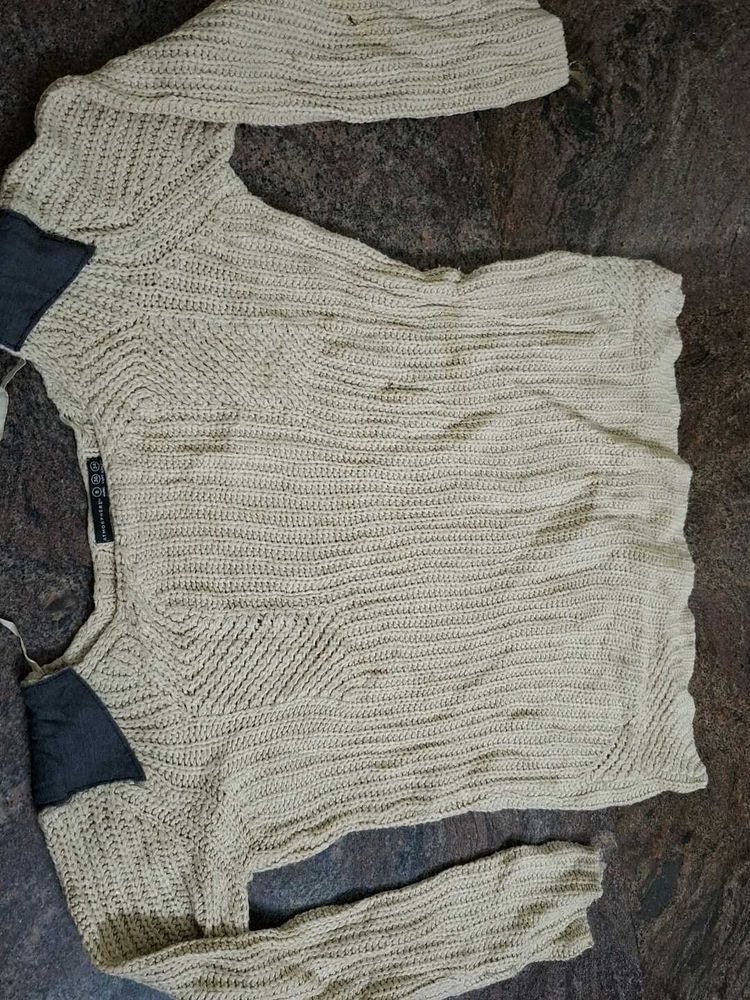 Beige Knitted Sweater with Dark Patches