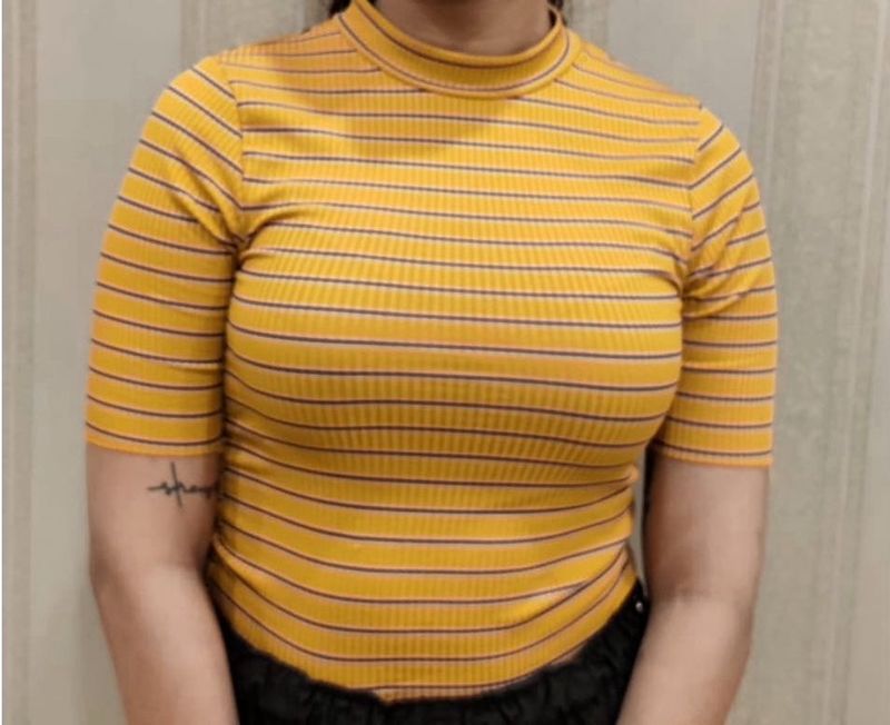 Yellow Striped Ribbed Mock Neck Top