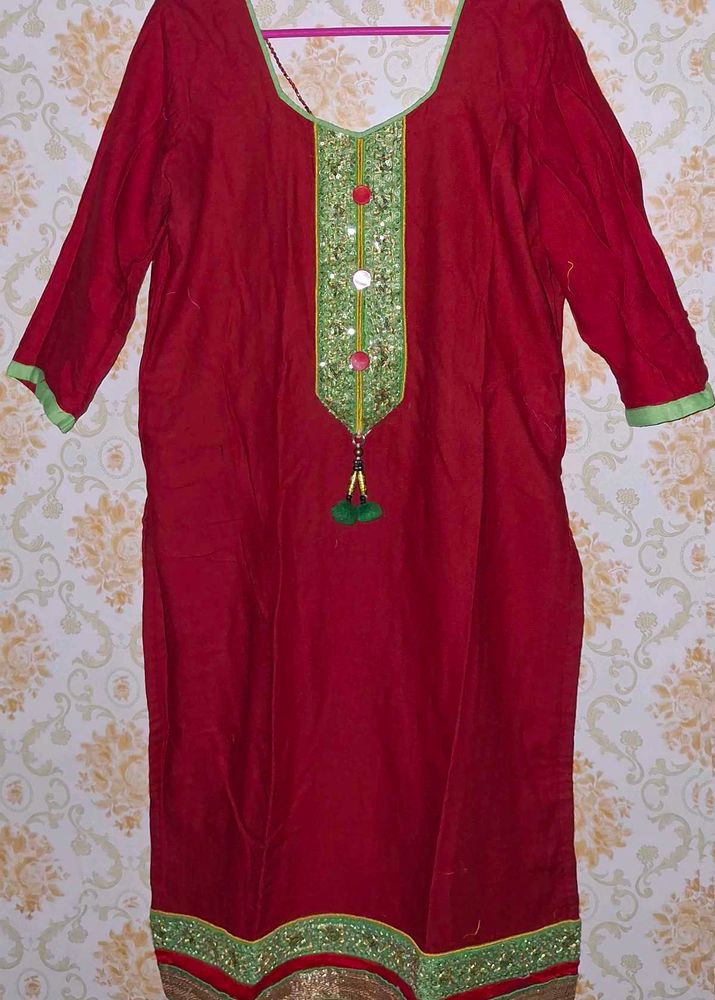 Red Kurta with Embellished Neckline
