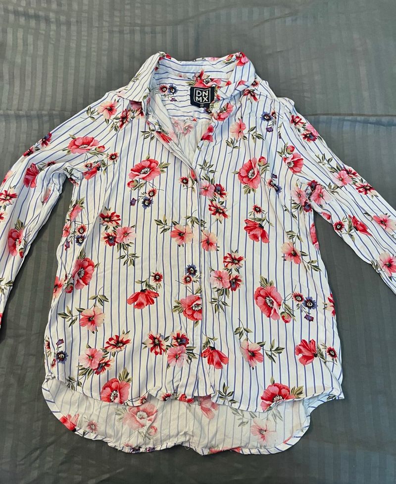Striped Floral Print Button-Up Shirt