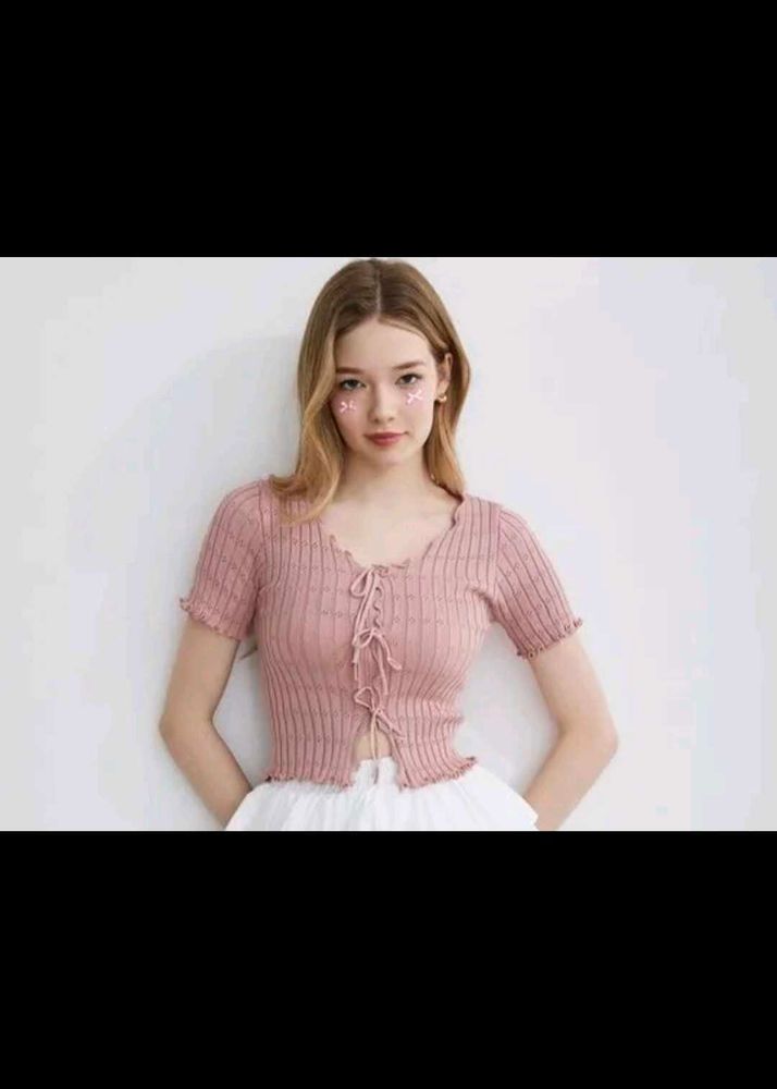 Cute Pink Knit Tie-Front Top(SAVANA)