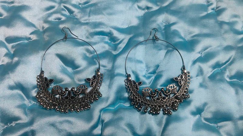 Oxidized Silver Peacock Hoop Earrings