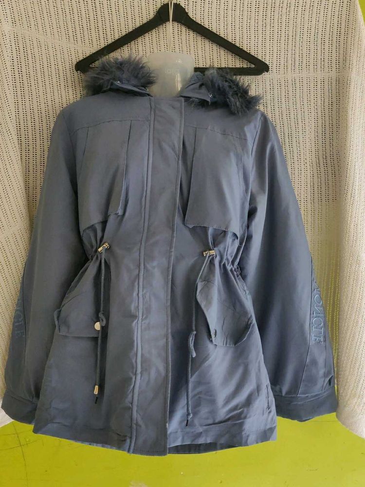 Stylish Blue Fur Hooded Coat