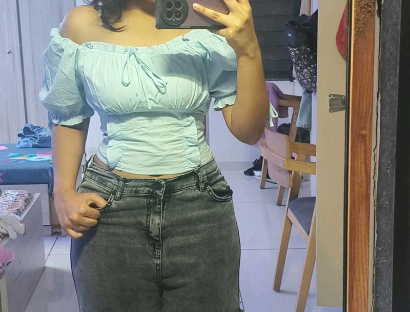 Light Blue Off-Shoulder Puff Sleeve Top
