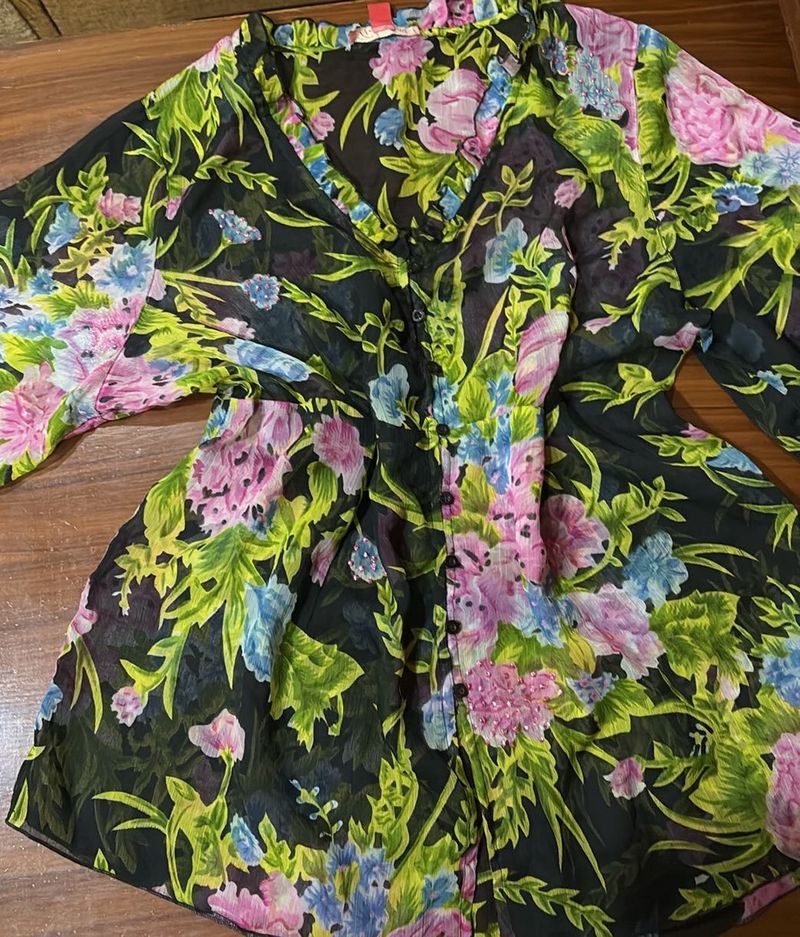 Sheer Floral V-Neck Button-Up Blouse