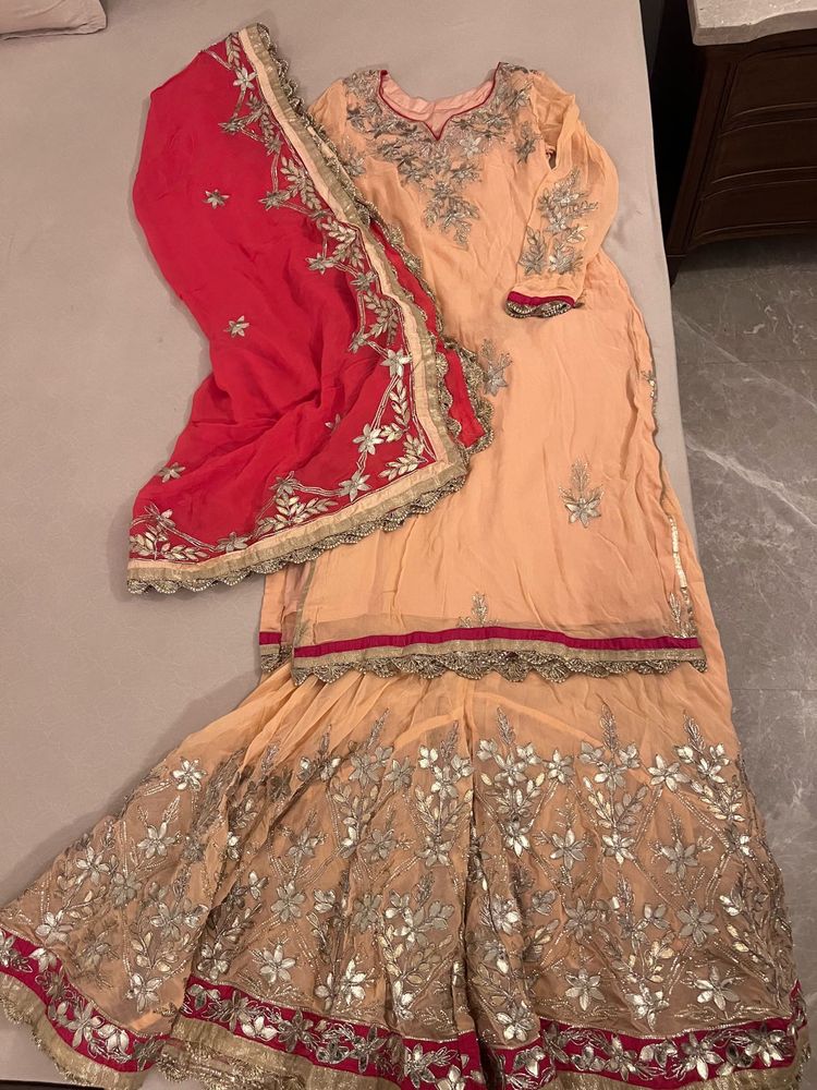 Peach &amp; Hot Pink Gotapatti Sharara suit