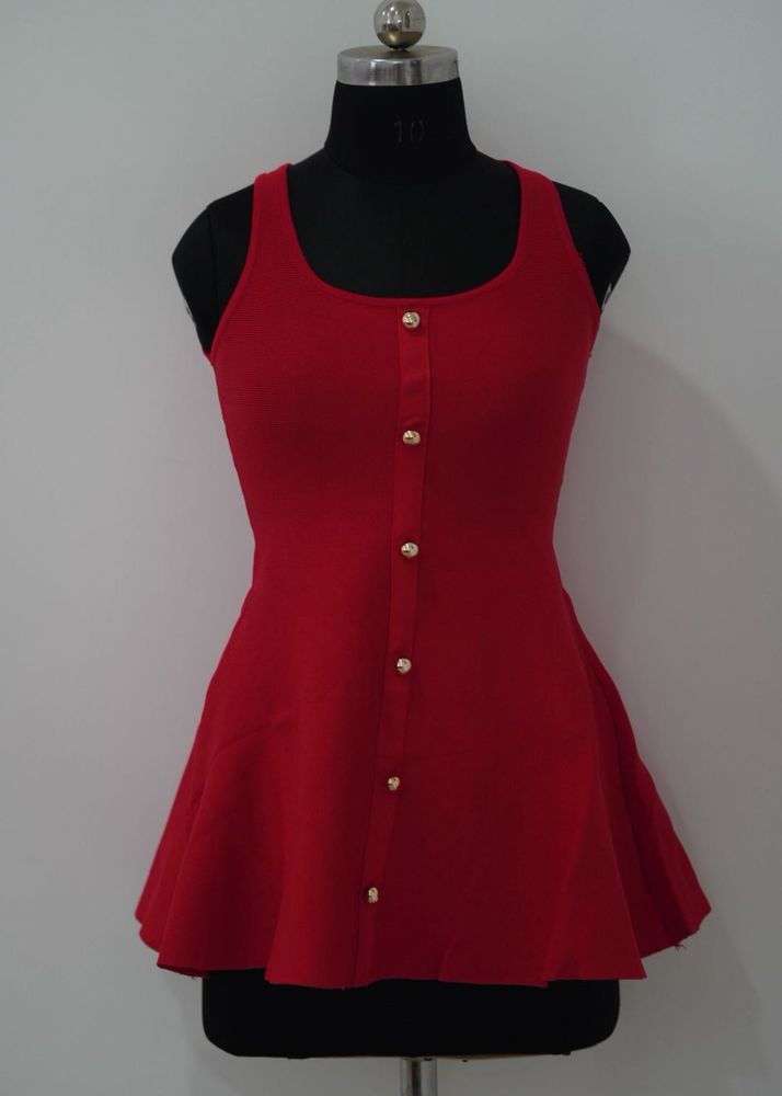 Red Flared Button-Down Top