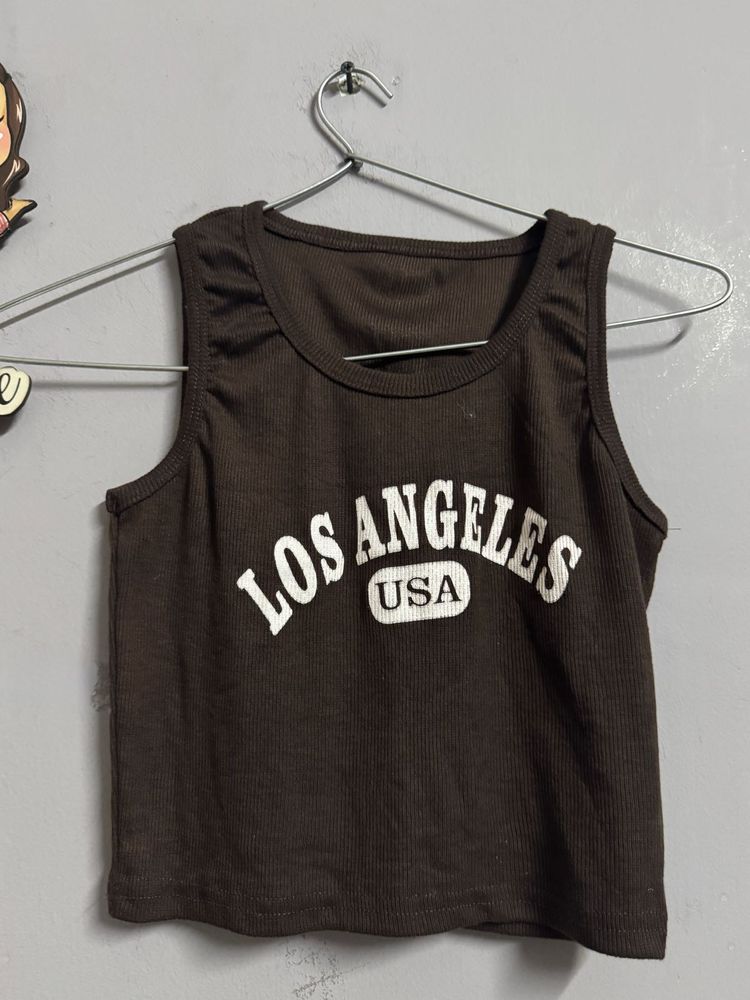 Chic Brown 'Los Angeles USA' Ribbed Crop Top