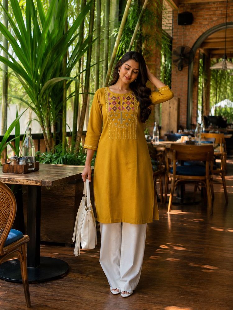 Mustard Yellow Embroidered Kurta