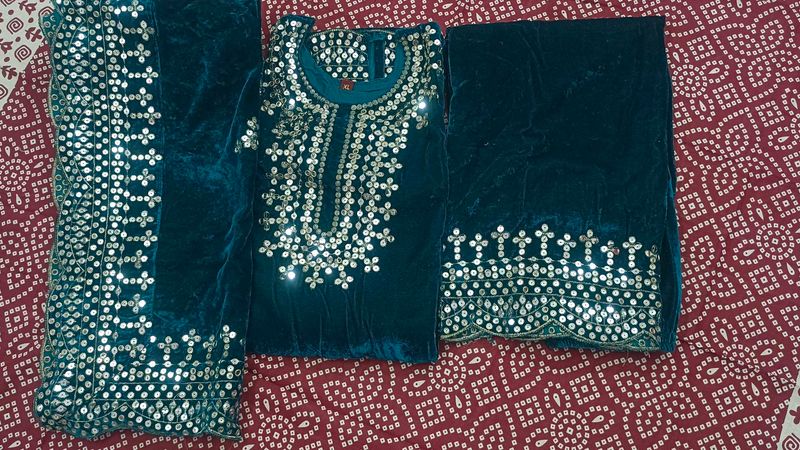 Teal Velvet Mirror Work Suit