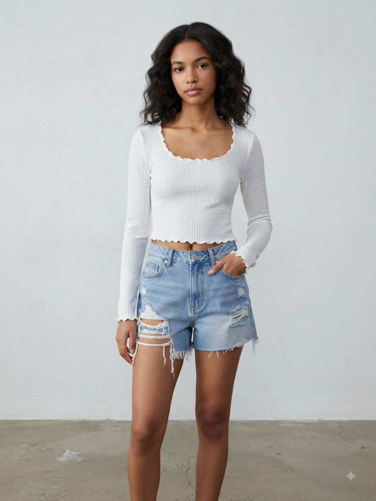 White Lettuce Hem Long Sleeve Top + DENIM SHORTS