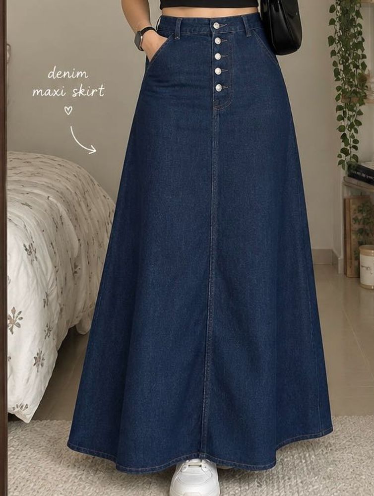 Denim Maxi Skirt with Button Front