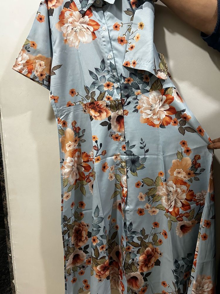 Light Blue Floral Print Dress with waist belt