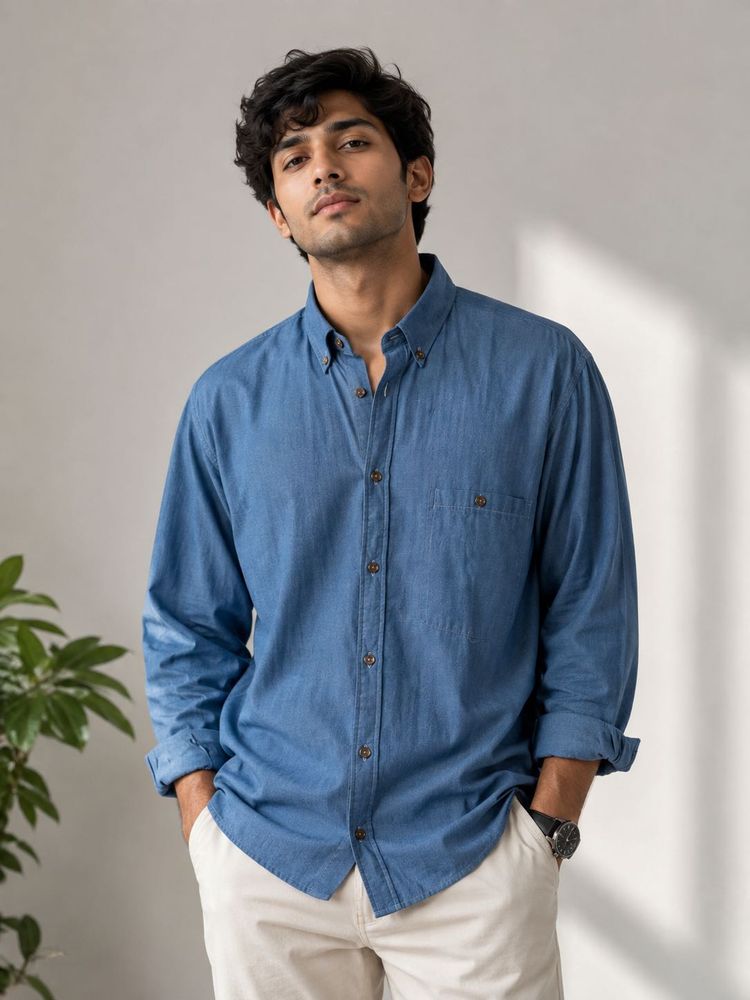 Classic Blue Long-Sleeve Button-Down Shirt