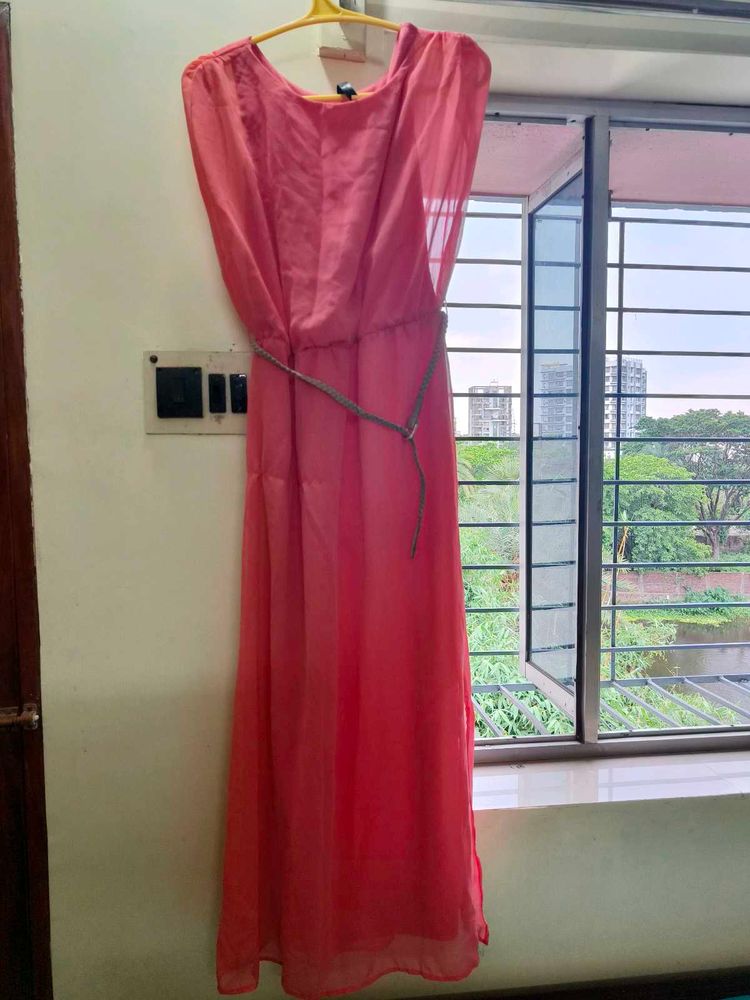 Chic Pink Maxi Dress with Belt