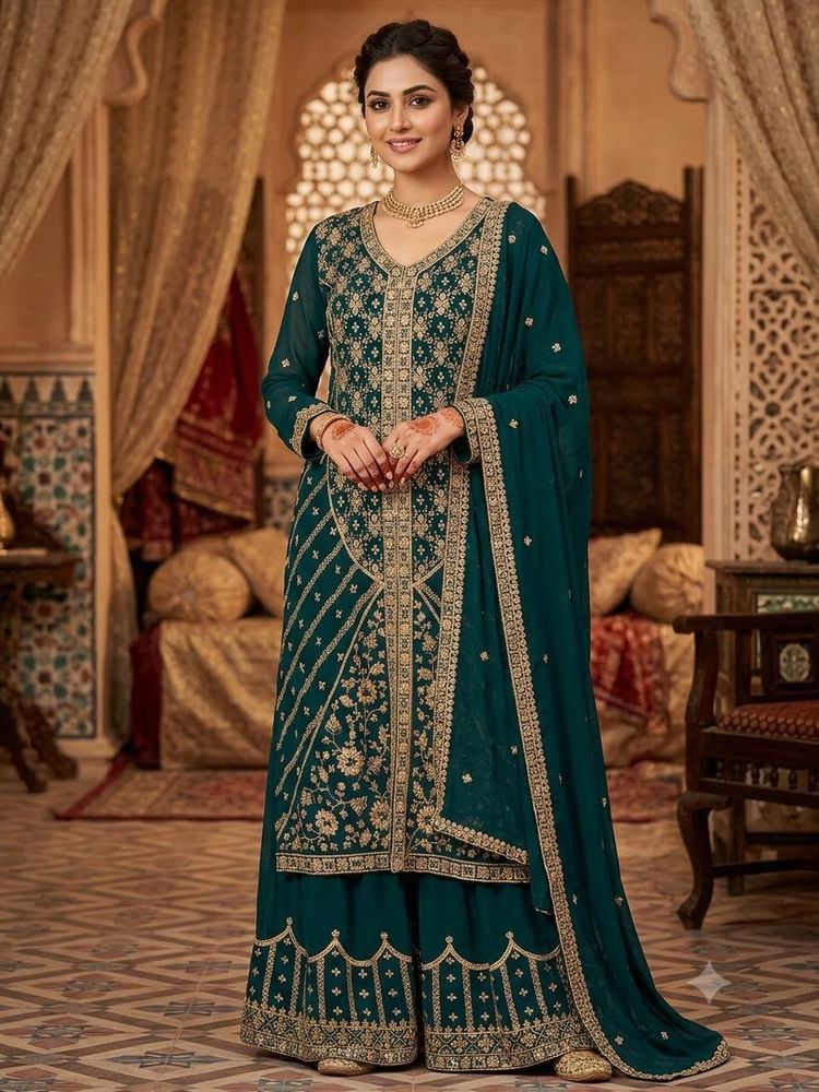 Fancy Teal Embroidered Kurta Set