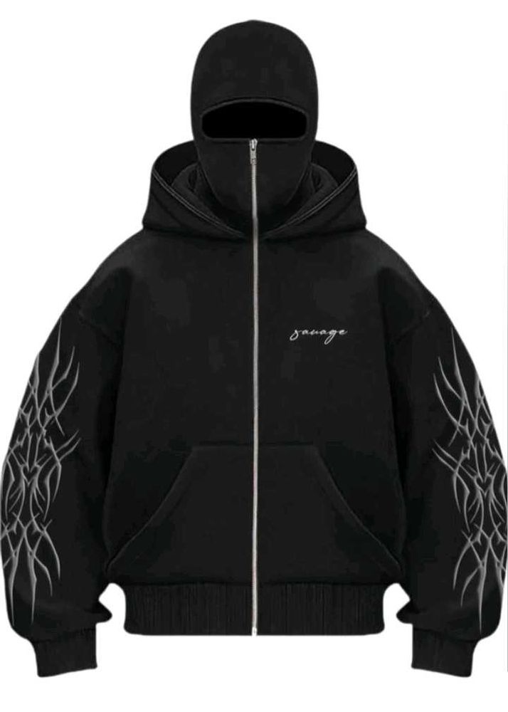 Black Graphic Zip-Up Hoodie with Balaclava