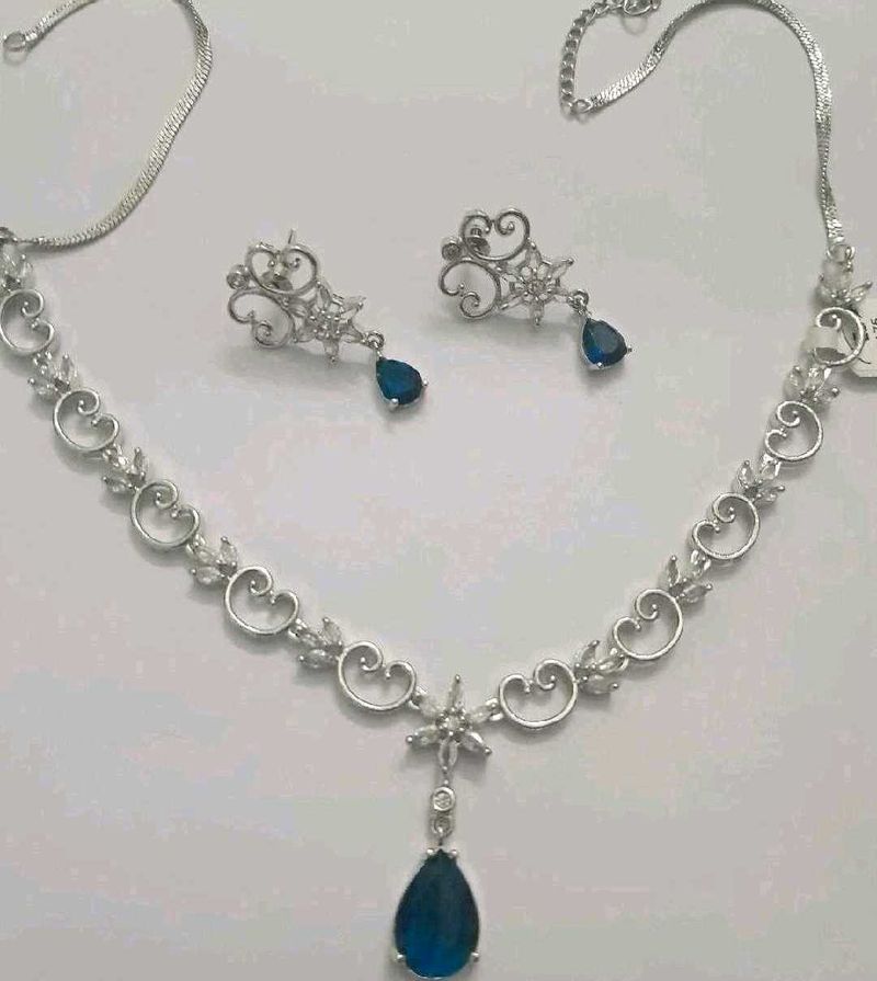 AD Elegant Blue Stone Necklace &amp; Earring Set