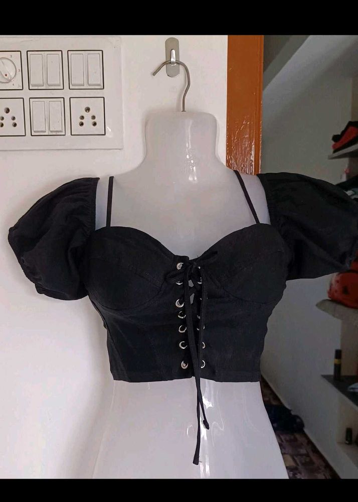 Trendy Black Corset Puff Sleeve Top