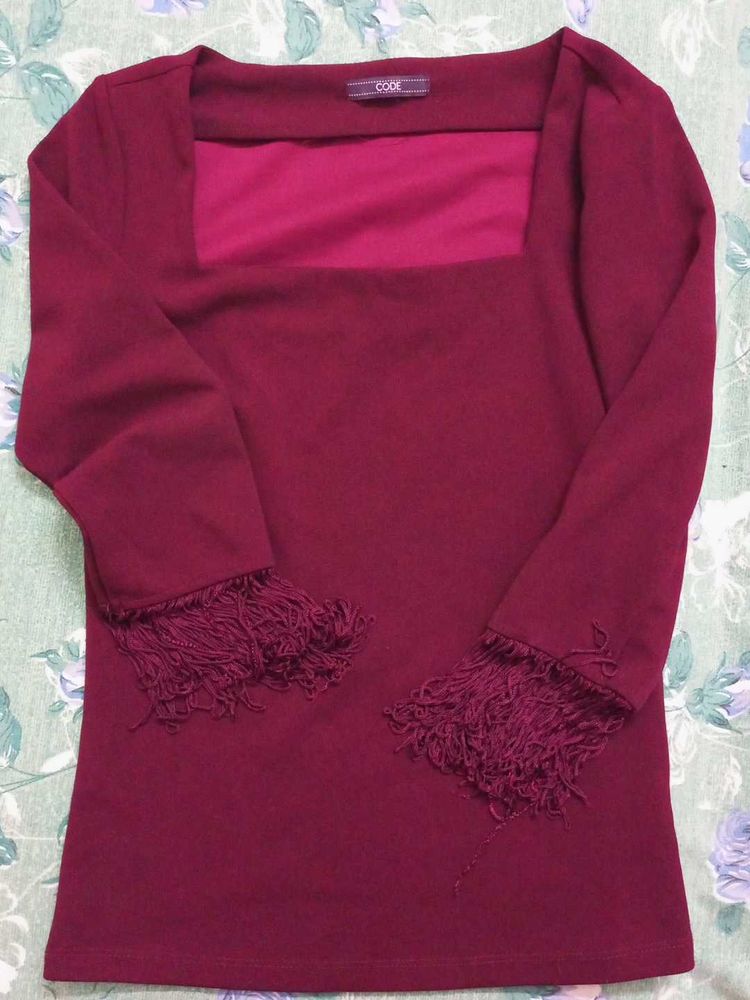 Maroon Tunic Top with Fringe Sleeves
