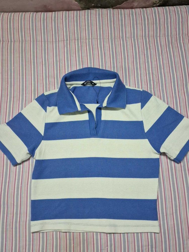 Blue &amp; White Striped Cropped Polo Shirt