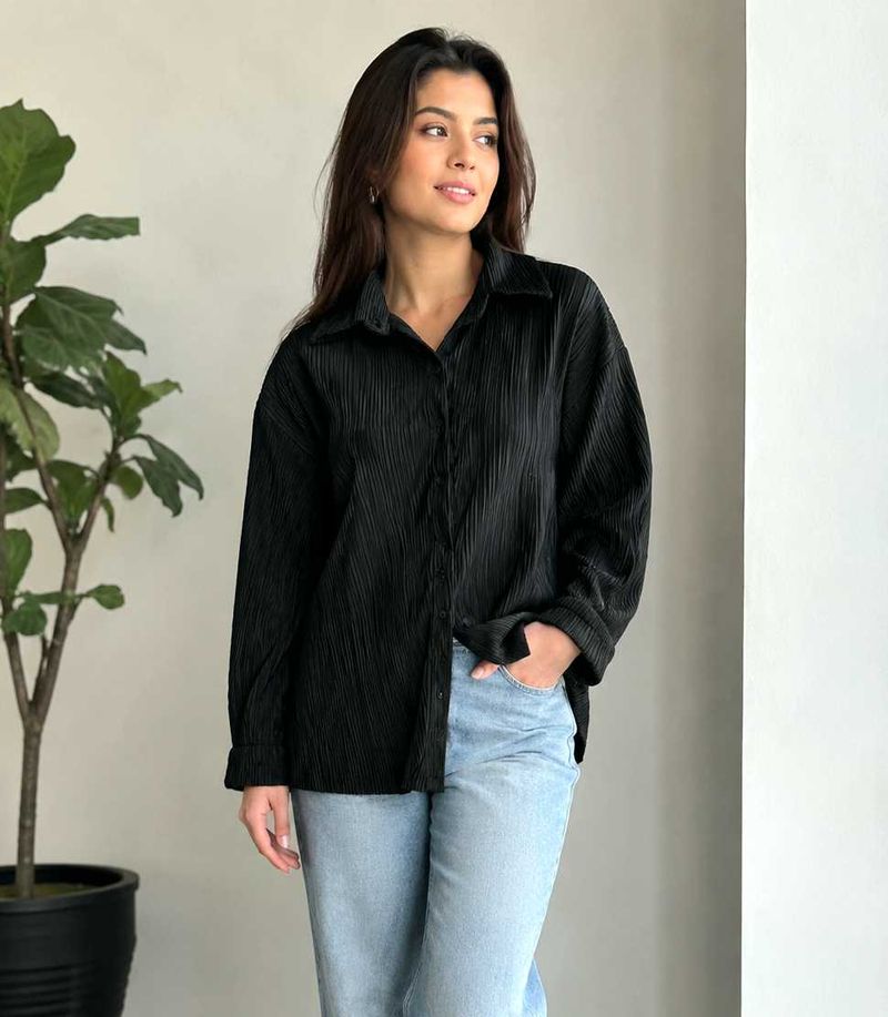 Chic Black Pleated Button-Up Shirt size-56