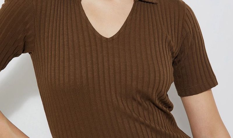 Brown Cable Knit V-Neck Top