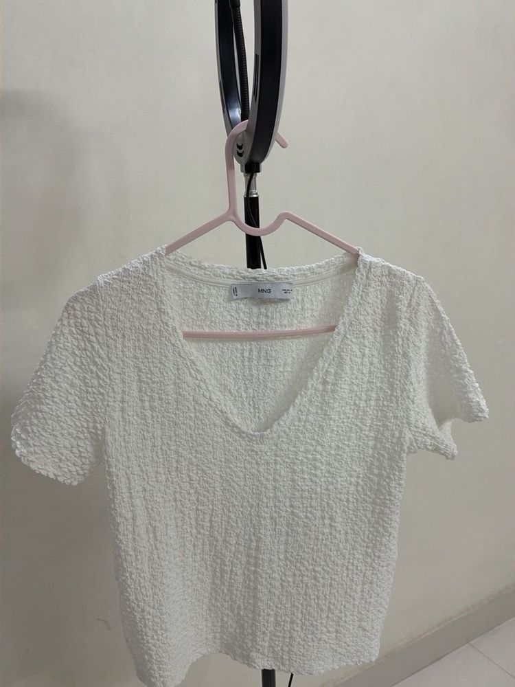 White Textured V-Neck Top
