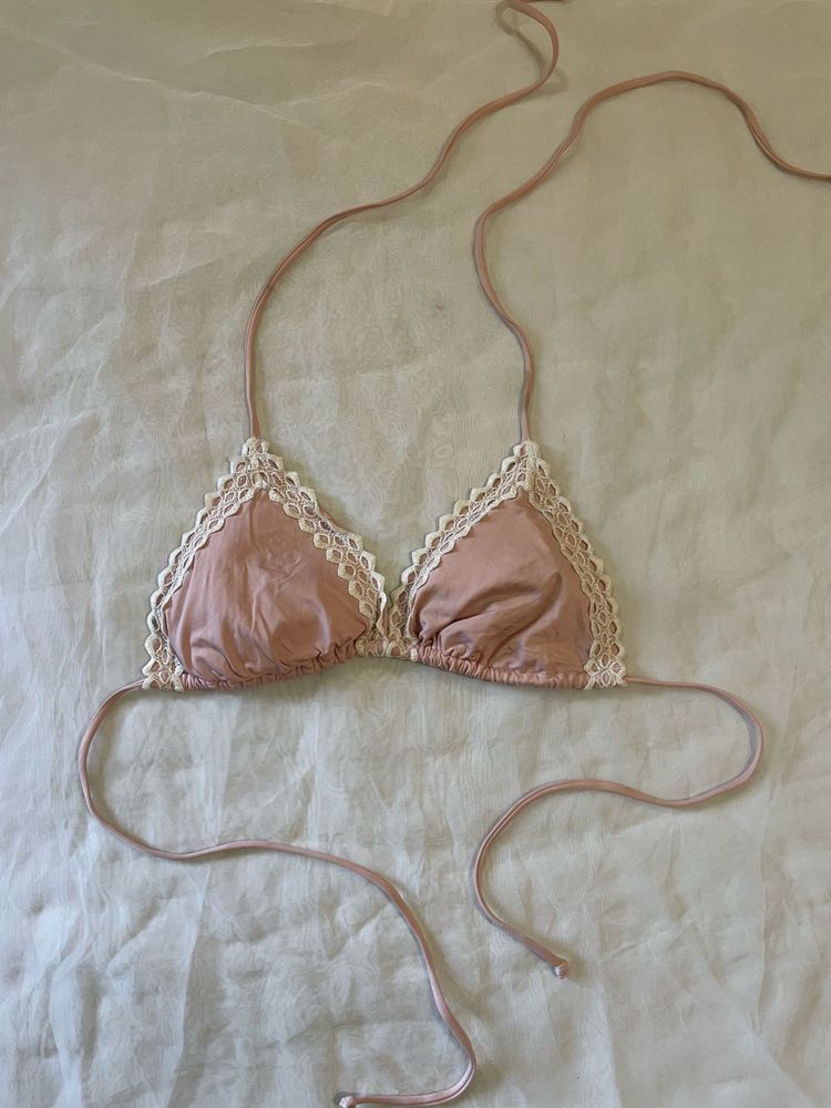 Pink Lace Trim Bikini Top