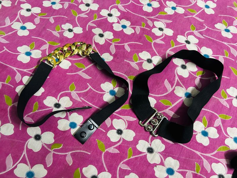 Stylish Black Elastic Belts with Chain Detail