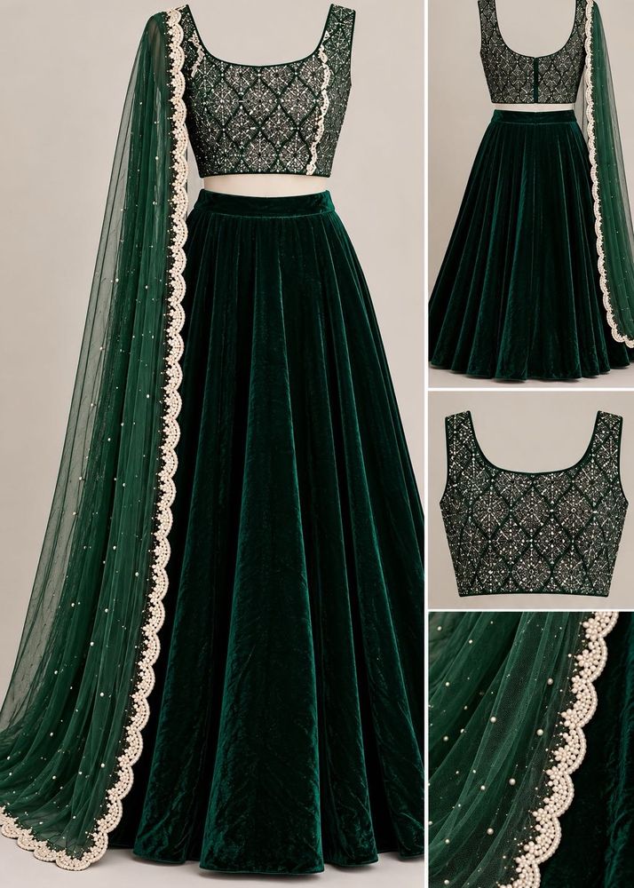 Elegant Emerald Velvet Lehenga Set