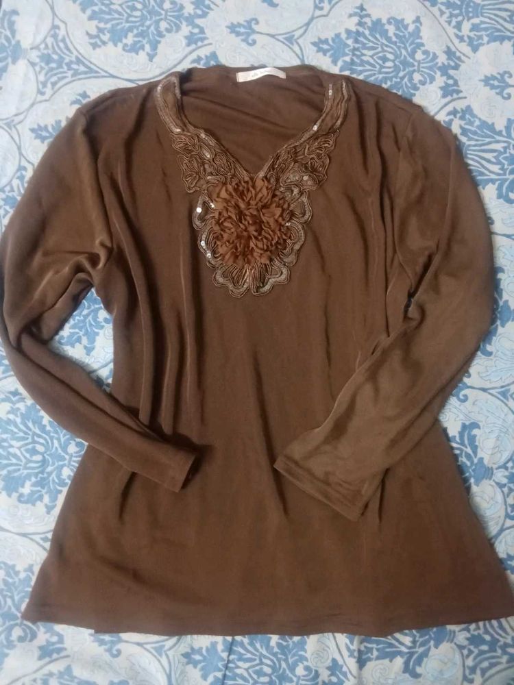 Brown Embellished Long Sleeve Top