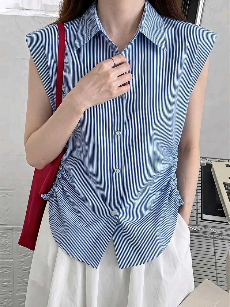 New with tag Korean Blue Striped Sleeveless Shirt