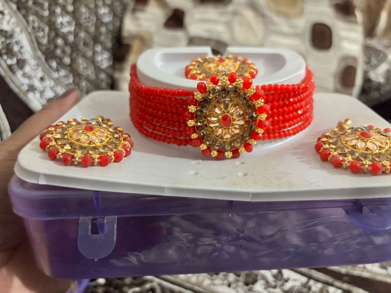 Red Beaded Choker Necklace Set