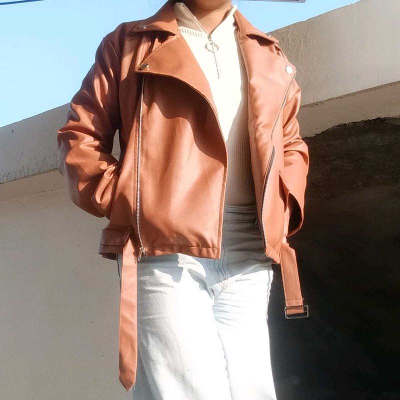 Brown Faux Leather Biker Jacket