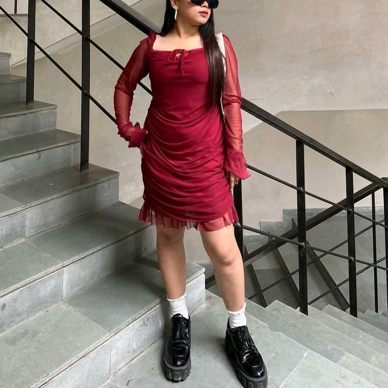 Burgundy Ruffle Mesh Mini Dress