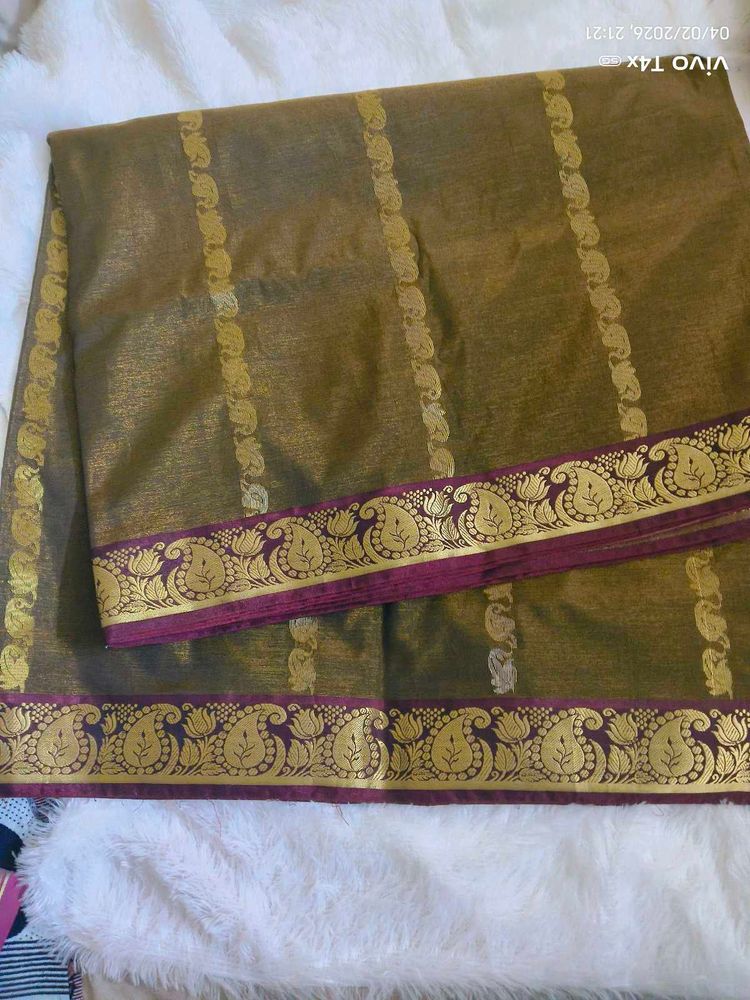 Elegant Olive Green Saree with Gold Border