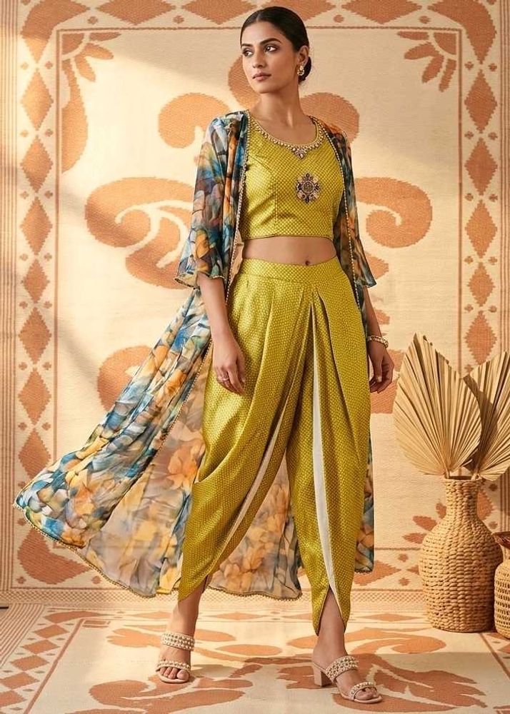 Chic Yellow Dhoti Suit with Floral Jacket