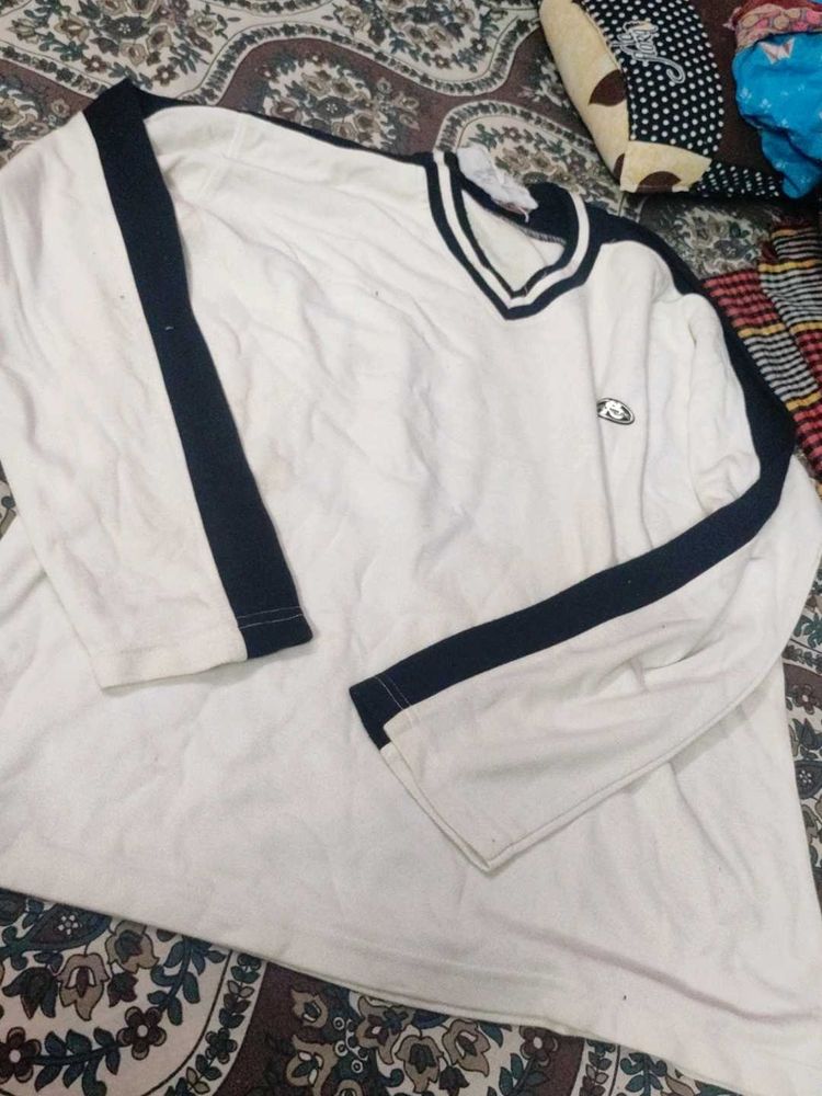 White Long Sleeve T-Shirt with Navy Stripes